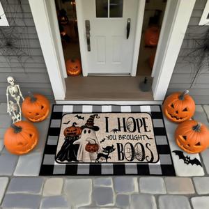 Halloween Decorations Doormat, Halloween Welcome Mat Set of 2, I Hope You Brought Boos Doormat, Black and White Buffalo Check, Ghost and Pumpkin Design, 17x29 Inch-23x35 Inch