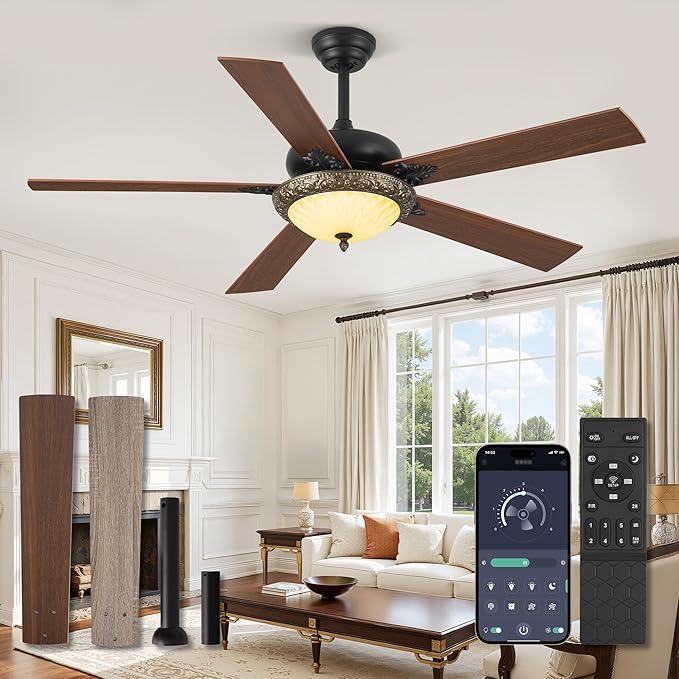 Fanbulous 56" Ceiling Fans with Lights, Rustic Ceiling Fan with Dimmable LED Light, Remote/APP Control,5 Dual Finish Blades,6-Speeds Traditional Ceiling Fan for Bedroom, Living Room,Indoor & Outdoor
