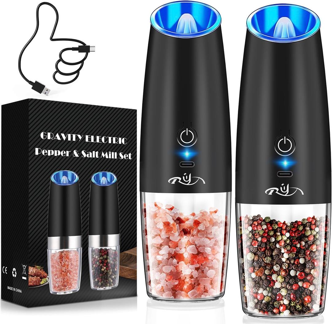XinXu Upgraded Rechargeable Gravity Electric Pepper and Salt Grinder Set with LED lights,Stainless Steel Automatic Pepper or Salt Grinder Mill Shaker Refillable with Adjustable Coarseness,(Black)