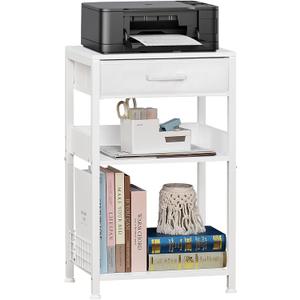 Lerliuo White Printer Stand with Fabric Drawer, 3 Tier Industrial Side Table, Modern Small Printer Desk Holder with Storage Shelf,Multi-Functional Bedside Tables for Home Office Fax Machine Scanner (1 pack)