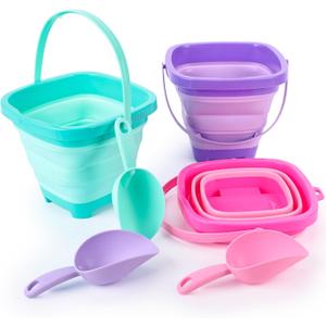 Shindel 3 PCS Collapsible Bucket Set, Foldable Beach Buckets with Shovels, Travel Sand Toys for Kids Outdoor, Beach Vacation Essentials, Camping Traveling, Fun Summer Activities (Purple+green+pink)