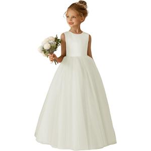 O-Neck Flower Girl Dress Satin Tulle First Communion Dresses Wedding Party Gown Pearls with Bowknot (6)