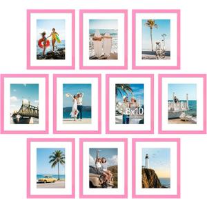 DecorUhome 8x10 Picture Frame Set of 10, Display Photos 5x7 with Mat or 8x10 Unmatted for Picture Frames Collage Wall Decor, Pink