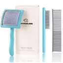 Gently Grooming Slicker Brush with Coated Tips for Long-Haired Dogs-Ergonomic Wooden Handle, Long Pins for Grooming Goldendoodles Poodles Blue