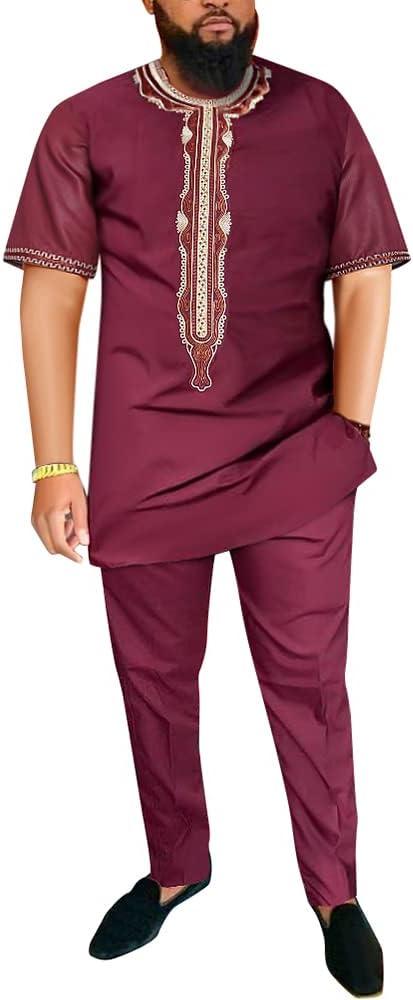 HD Men's African Clothes Embroidery Tunic Shirt and Pant Suit Two Pieces Dashiki Outfit Short Sleeves (XX-Large, Burgundy-18)
