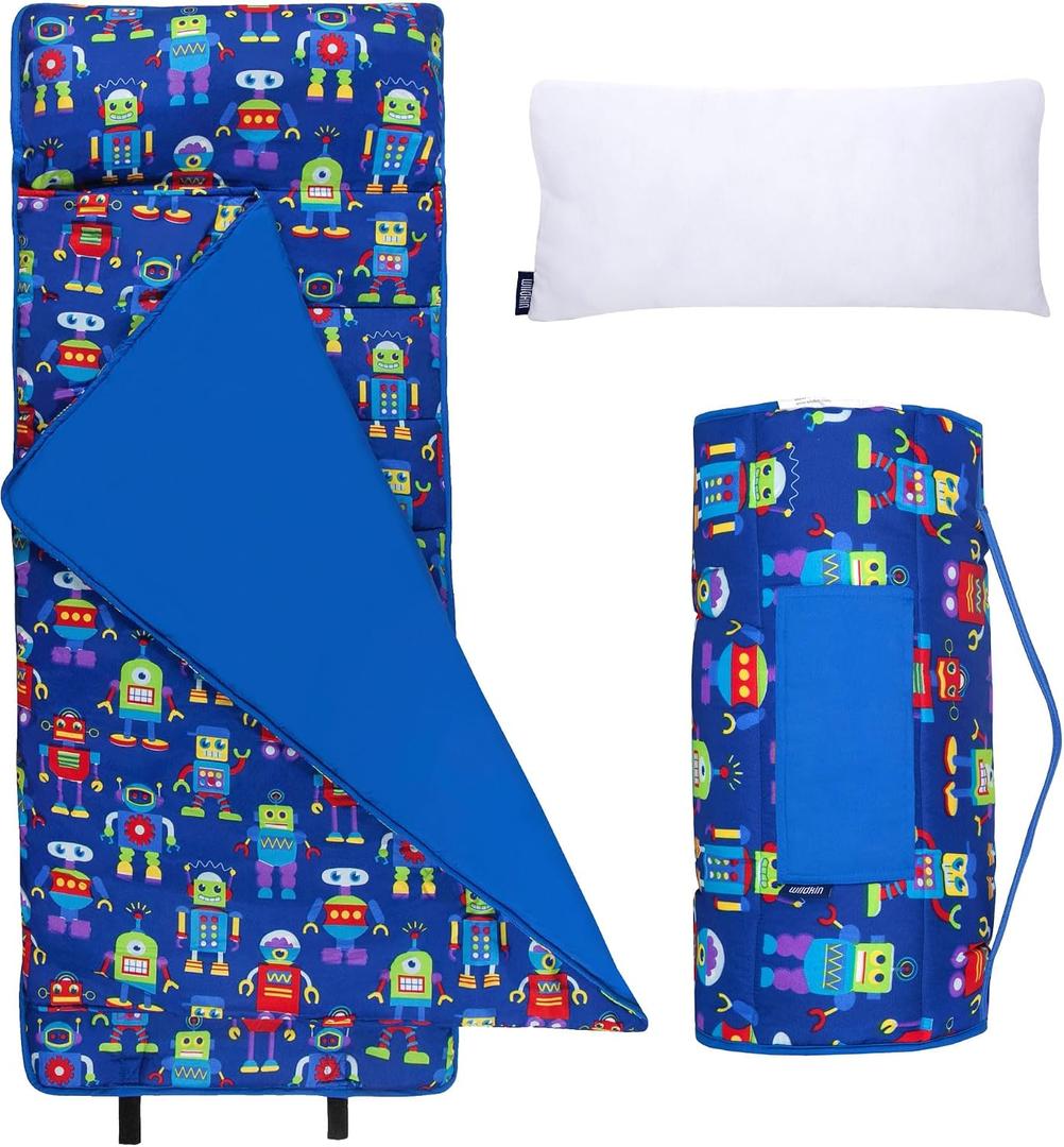 Wildkin Kids Microfiber Nap Mat Soft Sleep Mat with Pillow, Ideal for School & Travel - Robots