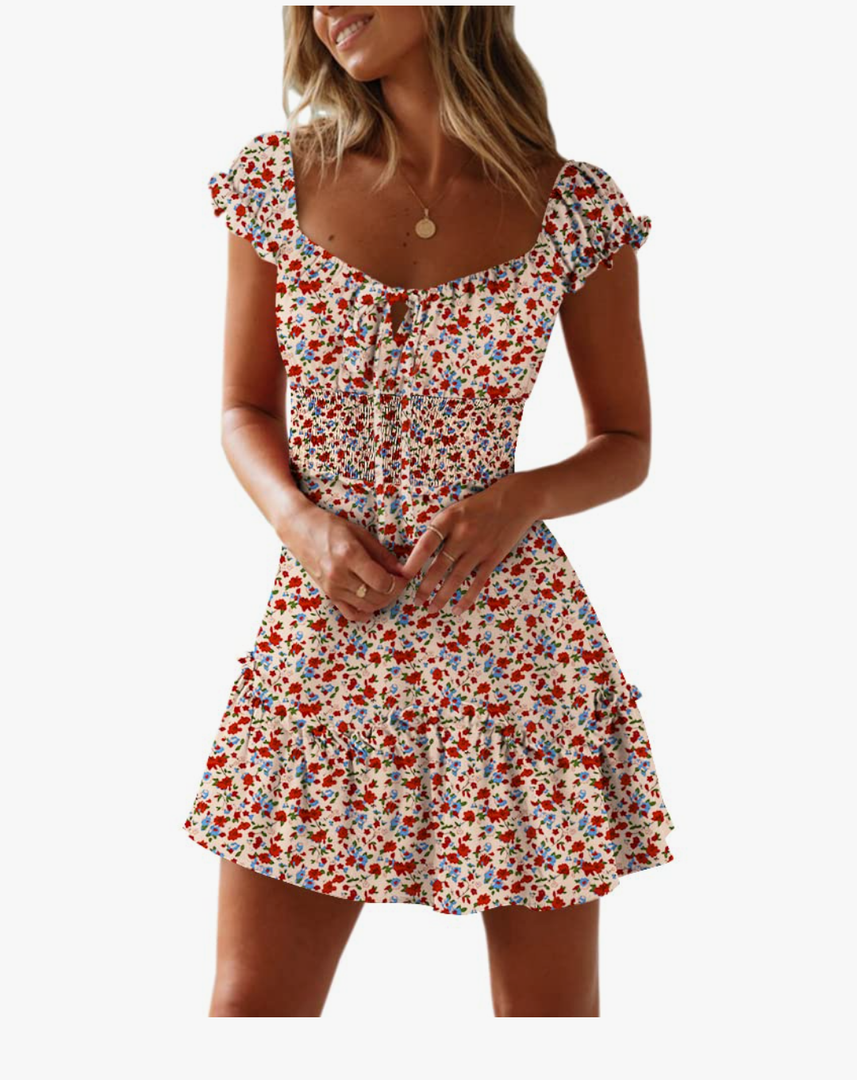 Womens Summer Ruffle Sleeve Sweetheart Neckline Printing Dress Mini Dresses Size Medium