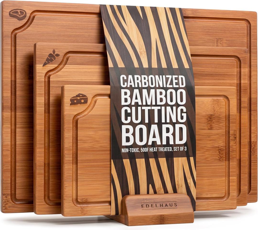 Carbonized Bamboo Cutting Boards  Cutting Board Set of 3 Heat Treated for Rich Color & Lower Moisture Absorption, Chopping Boards with Juice Groove, Non-Toxic, FSC Certified incl. Stand