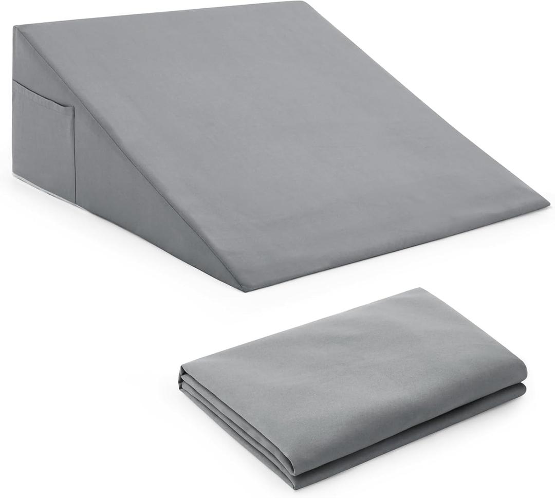 Horbaunal Silver Grey Bed Wedge Pillow Cover with Zipper Design, Wedge Pillowcase Protector with Side Pocket for Storage, 24" L x 24" W x 12" H(Pillow Not Include)