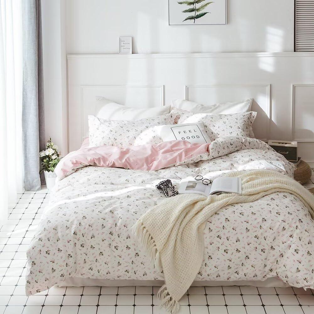 VClife Cotton Duvet Cover Twin XL Bedding Sets Modern White Pink Floral Branches Duvet Covers with Zipper Closure Breathable Wrinkle Resistant (1 Duvet Cover and 2 Pillowcases)
