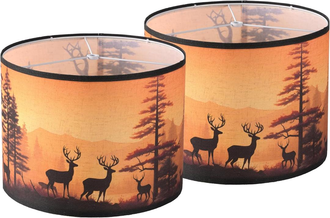 Deer Lamp shades Set of 2,Medium Fabric Lampshades for Table Lamps, Floor Lamps, 13" Top x 13" Bottom x 10" High (Spider Fitter) Hand Crafted Replacement Lampshades, Easy Assembl