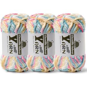 3 Pack Plush Chenille Chunky Yarn - Fluffy Velvet Yarn Crochet for Blanket Knitting and Crocheting - Soft Baby Yarns for Crocheting - Amigurumi Crochet Yarns 100g (87yds) (3 Candy Color)
