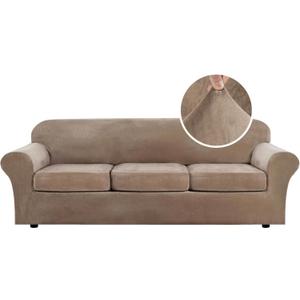 H.VERSAILTEX High Stretch Sofa Slipcover 4 Piece Cover Velvet Furniture Protector Form Fit Thick Velvet Extra Large Sofa Cover for 3 Cushion Couch Width Up to 97 Inch (Large Sofa, Camel)