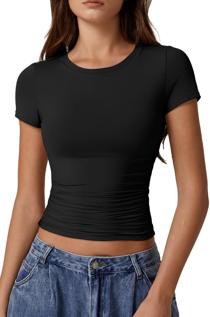 QINSEN Short Sleeve Shirts for Women Round Neck Basic Double Lined Tees Fitted Y2k Crop Tops (Medium, Black)