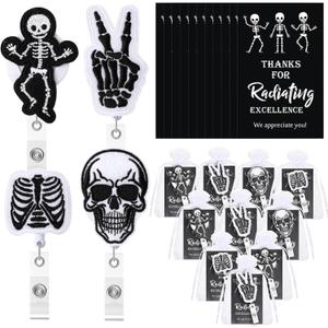 Geyoga Xray Badge Reelsradiology Gifts Bulk Retractable Funny Skeleton ID Holder Clips with Cards Organza Bags for Nurse Doctor Nursing Student(Black,10 Sets)