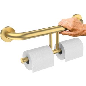 Brushed Gold Grab Bar w/Double Toilet Paper Holder, iHansee Stainless Steel Safety Grab Bar for Bathroom Toilet, Wall Mounted Shower Support Bar for Elderly, Handicap Toilet Tissue Holder (17 inch)