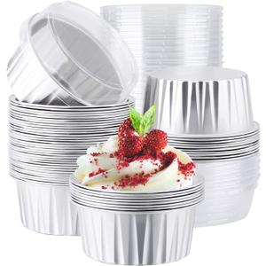 EUSOAR Muffin Cupcake Liners for Baking, 50pcs 5oz 125ml Disposable Ramekins, Aluminum Foil Muffin Liners Cups with Lids, Disposable Aluminum Foil Cupcake Baking Cups Holders Cases Boxes Pans with Lid