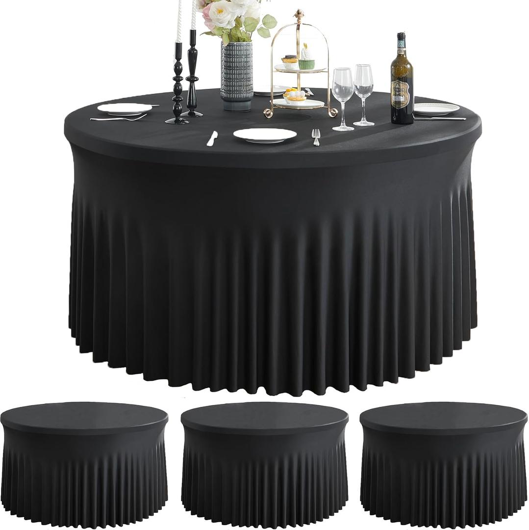 4 Pack Black Spandex Round Tablecloths for 60inch Table, Wrinkle Free 120inch Stretchy Fitted Round Table Cloths Covers with Skirt for Wedding Birthday Parties Banquet Events