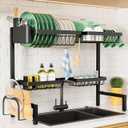 Dish Drying Rack - Over The Sink Dish Drainer Drying Rack with Utensil & Knife Holder, Hooks, Stainless Steel Kitchen Organizers and Storage Solution