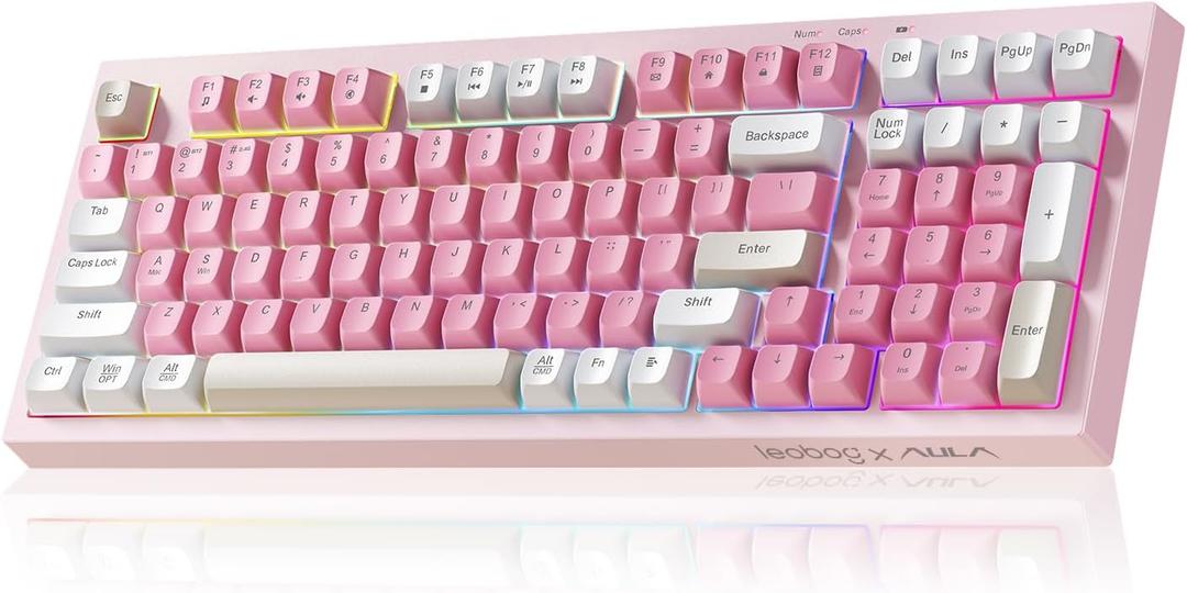LEOBOG x Aula Gaming Keyboard, Wireless Creamy Keyboard, Bluetooth Computer Keyboards Ergonomic Pink Keyboard Full Size with Number Pad Light Up RGB Backlit Tri-Mode BT/2.4GHz/USB-C - K99