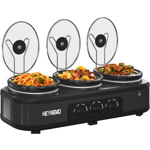 Triple Slow Cooker, 31.5 QT Buffet Servers and Warmers, 3 Pots Buffet Slow Cooker Adjustable Temp Lid Rests Stainless Steel Black, 4.5 Quarts