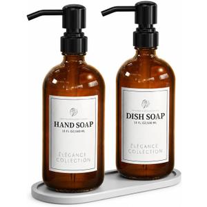 Fachixy Amber Glass Soap Dispenser (2 Pack), 16 Fl Oz Hand & Dish Soap Dispenser Bottles Set with Leak-Resistant Stainless Steel Pump, Non-Slip Pad, 14 Waterproof Labels for Kitchen and Bathroom