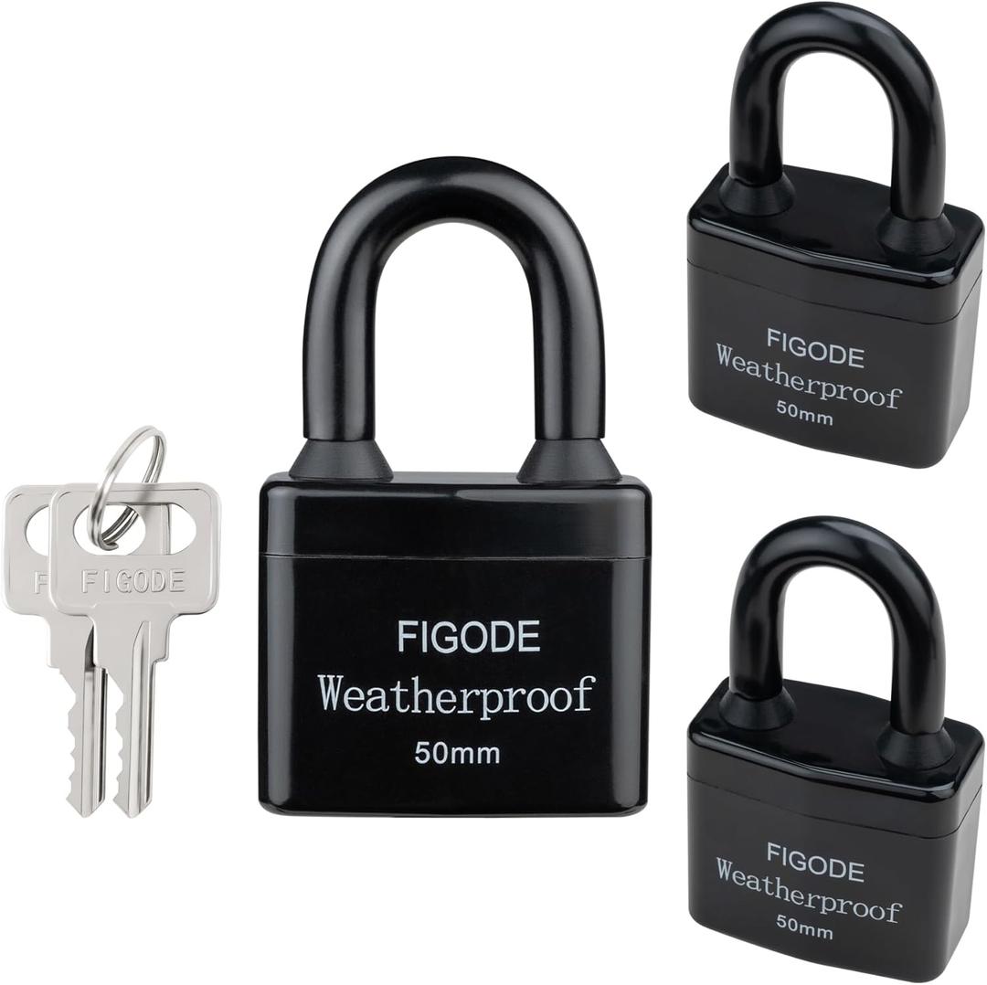 FIGODE Outdoor Waterproof Padlocks, Covered Heavy Duty Laminated Steel Locks, Large Sturdy Locks, 2.2 in. Wide, 3 Locks Same Key, Standard Shackle
