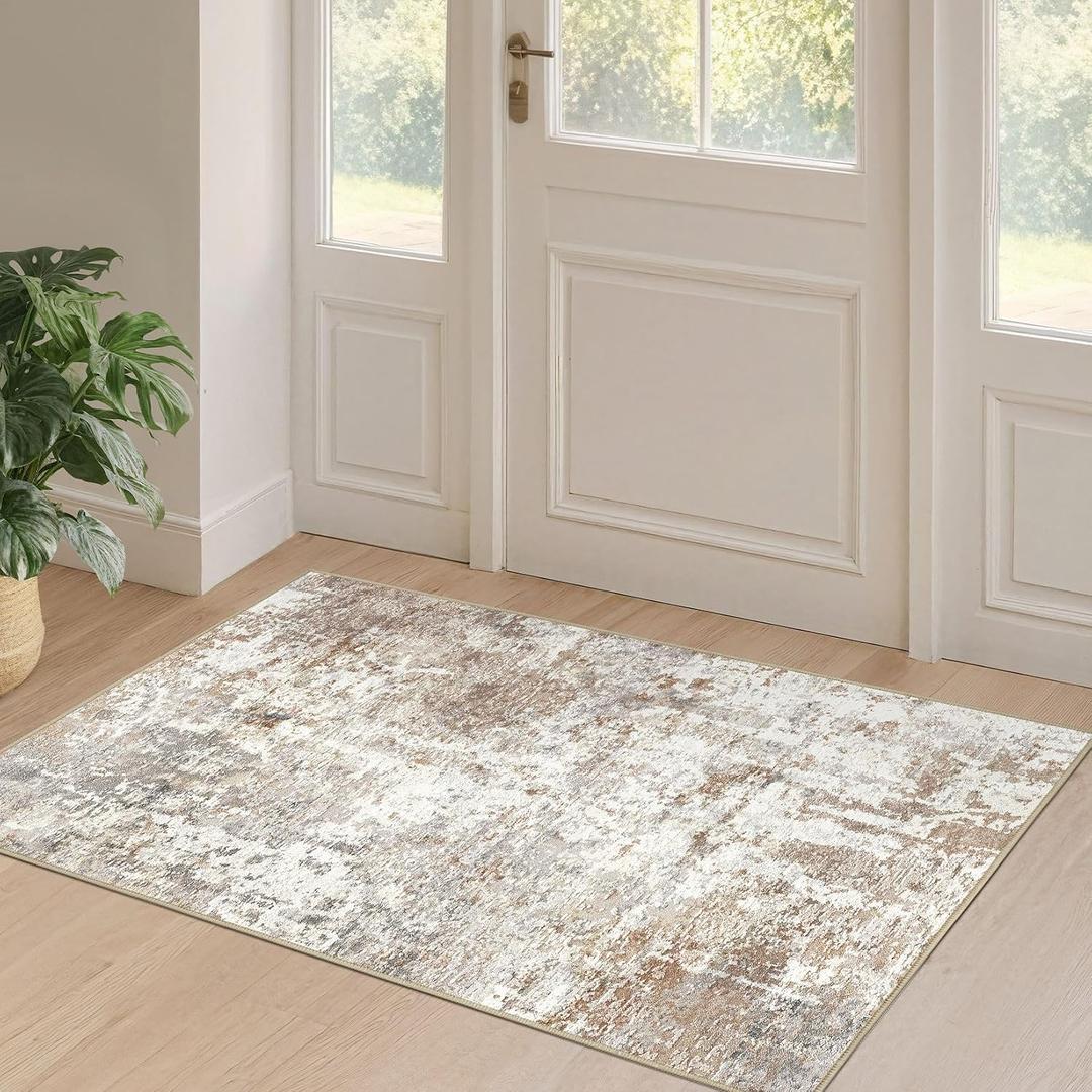 2x4 Rug Washable Runner Rug: Small Abstract Modern Non-Slip Soft Accent Doormat Stain Resistant Floor Throw Mat for Entryway Kitchen Bedroom Nursery Entry Dorm- Brown