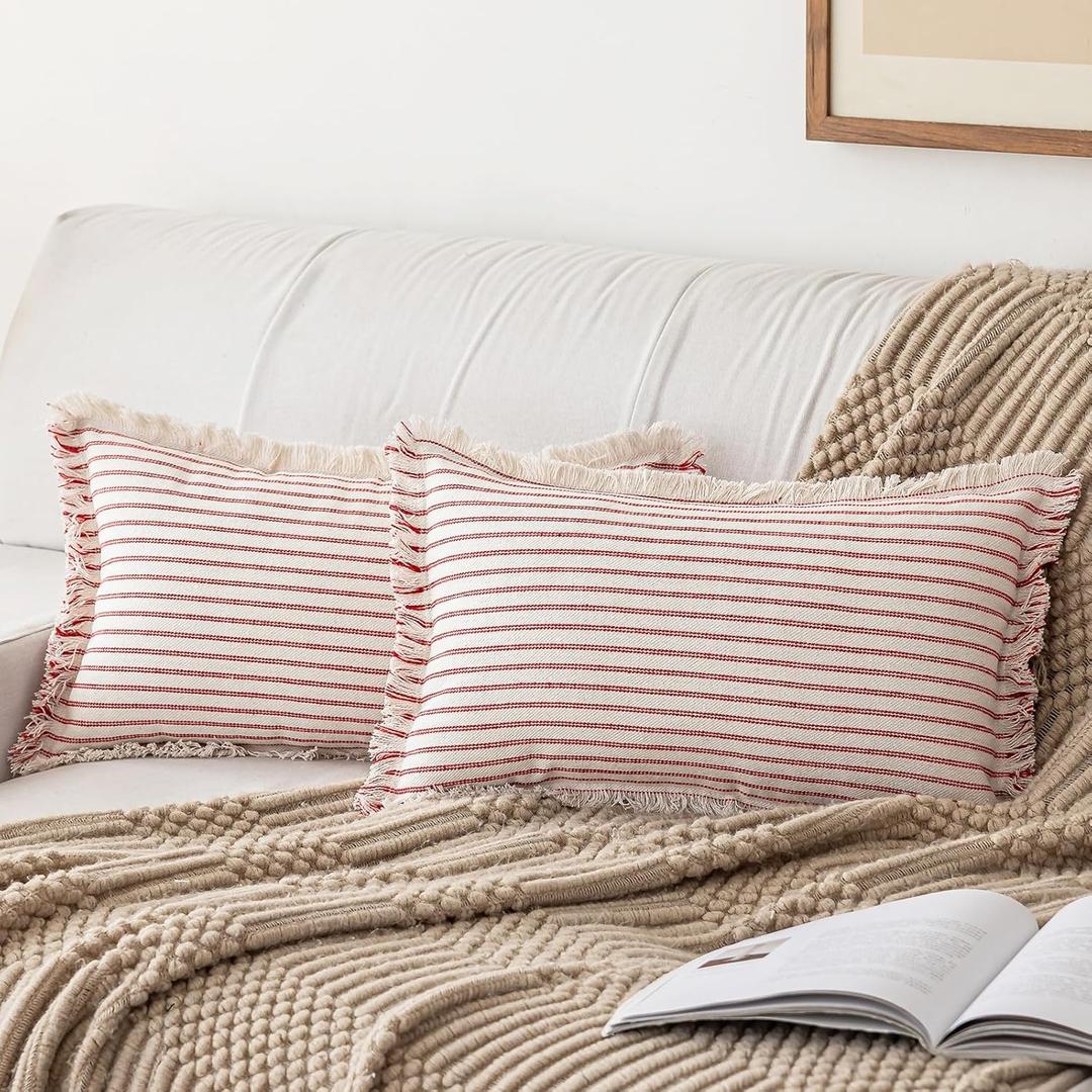 Throw Pillow Covers 26x26 Set of 2 Striped Fringe Pillow Cover Farmhouse Cushion Covers with Tassel Neutral Boho Pillows Decorative Square Pillowcase for Couch Sofa Bed, Red