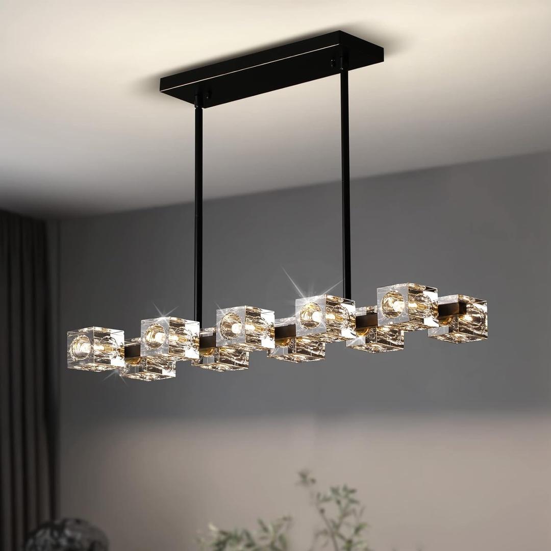 Dining Room Light Fixture,Modern Crystal Chandeleirs Semi Flush Mount Ceiling Light Fixture,Black Metal Crystal Pendant Light for Kitchen Island Farmhouse Dining Room,Living Room (10-Lights)