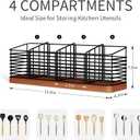 Large Utensil Holder for Kitchen Counter with 4 Compartments, Matte Black Metal Holder with Wooden Base Cooking Utensil Organizer for Spatula Utensil Crock Caddy