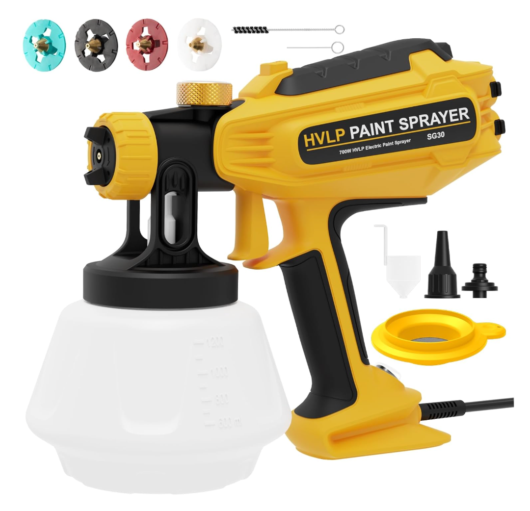 Paint Sprayer700W HVLP Electric Spray Paint Gun with Adjustable Spray Width, 4 Nozzles & 3 Patterns, 40 Fl Oz Container, Easy to Clean, for House Painting, Furniture, Cabinets, Walls, Fence, Etc.