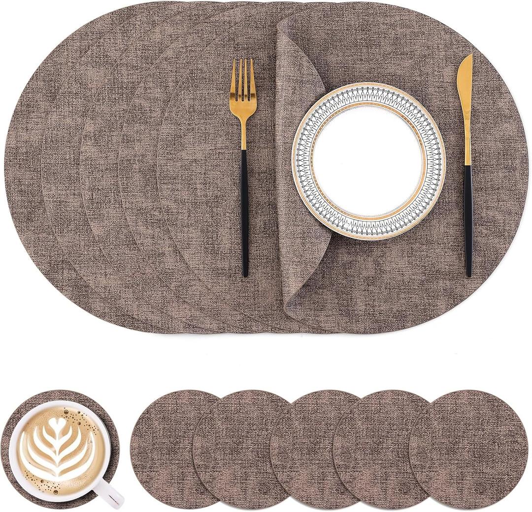 Homaxy Round Faux Leather Placemats and Coasters, Washable Dual-Side Table Mats, Wipeable Heat-Resistant Dining Place Mats for Outdoor and Indoor, Set of 6, Diameter 13 and 3.93 Inch, Dark Brown