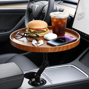 Car Food Cup Holder Tray - 360 Rotating Car Table and Car Seat Tray, Detachable Wooden Car Desk for Laptop and Food Tray, Compatible with Tesla Model Y/3/S, Ford F150/Explorer (Brown, 11.8")