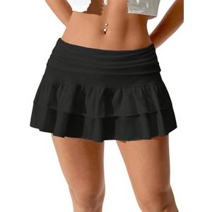 Women's Y2K Ruffle Mini Skirt Low Waist Layered Flowy Golf Skorts Skirt (Black, M)