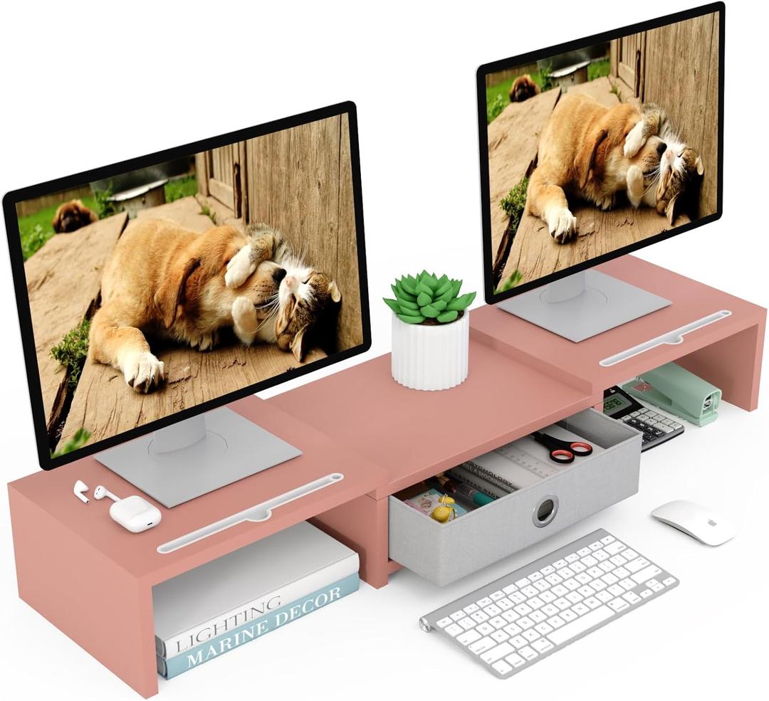 WESTREE Dual 3 Shelf Computer Riser with Drawer, Adjustable Length and Angle, Desktop 2 Monitor Stand Storage Organizer (Pink)