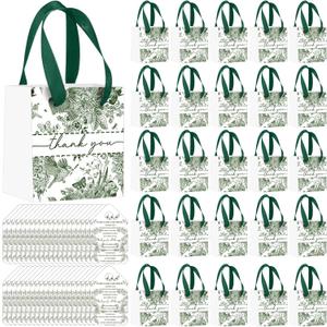 Kolldenn 50 Pack Small Green Chinoiserie Christmas Gift Bags Bulk Mini Green and White Floral Thank You Gift Bags with Handles Cards for Wedding Bridal Shower Birthday Bachelorette Party