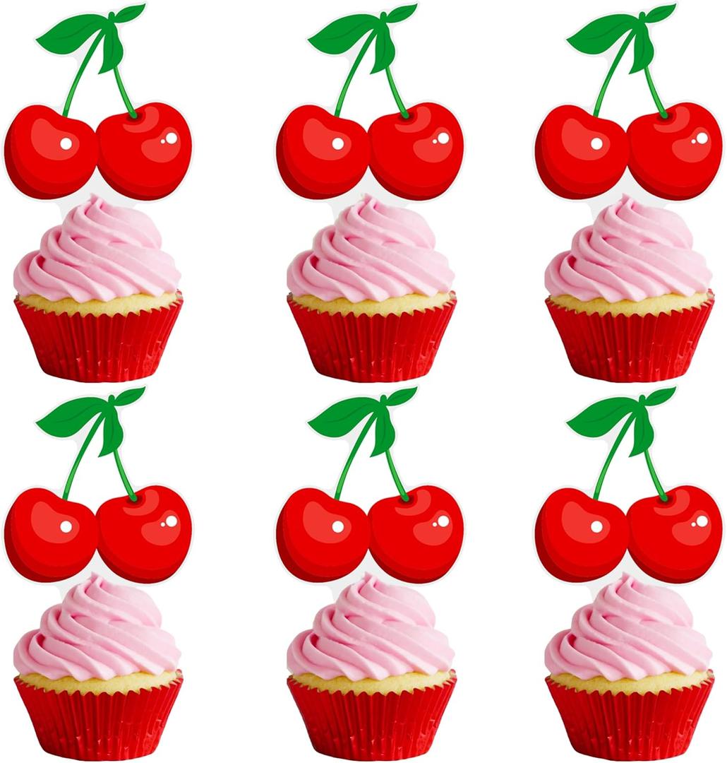Cherry Birthday Party Supplies 48PCS Cherry Cupcake Toppers Sweet Cherrties Party Cake Decorations Fruit Theme Baby Shower Decor for Girls Wedding Bridal Shower Supplies