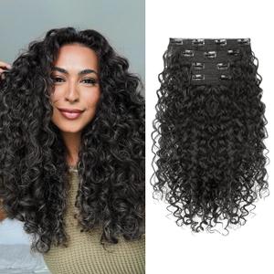 Clip in Hair Extensions, FLUFYMOOZ 4PC 100 Pure Protein Silk Hair Extensions Long Soft Natural Hairpiece 16 Inch Curly Hair Extension for Women (Black Brown)