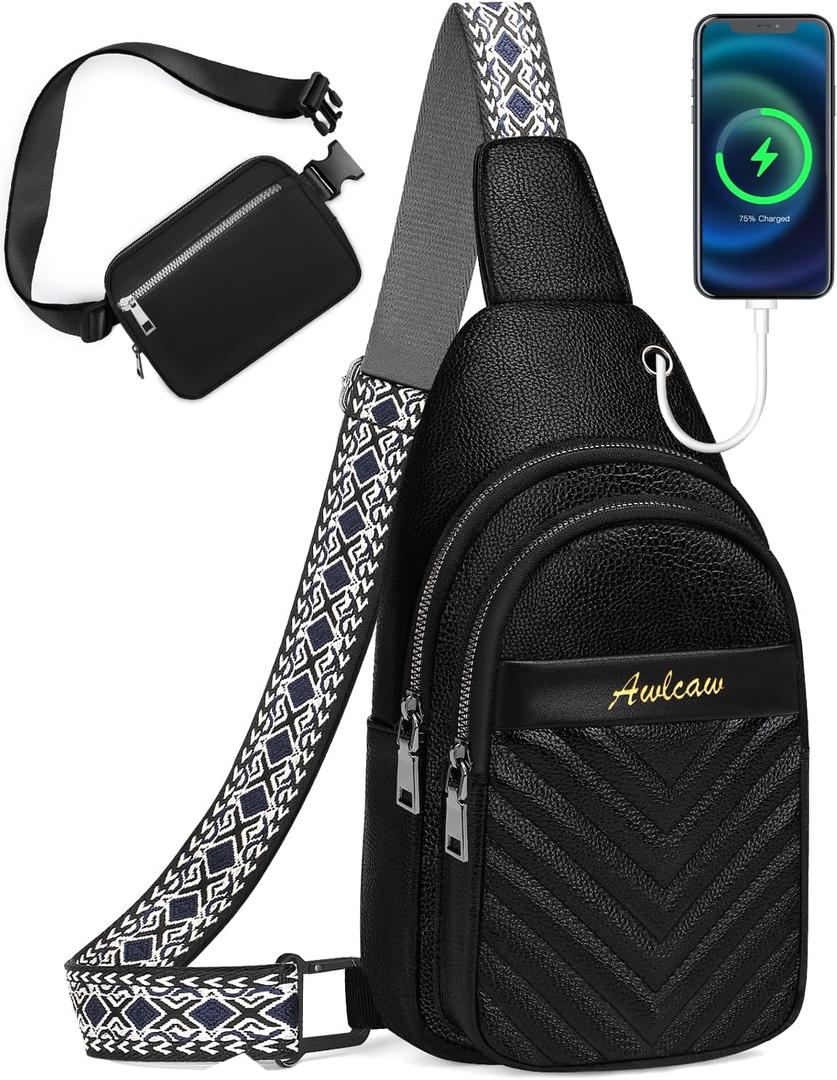 Crossbody bags Set, Faux Leather Small Sling Bag Fashion Shoulder Waist Packs Purse and Fanny Packs Set for Man and Women, Black