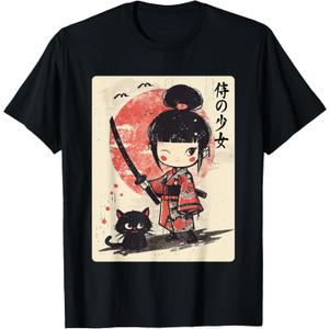 Cute Kawaii Samurai Girl with Katana & Cat Japanese Anime T-Shirt, Size: 1X