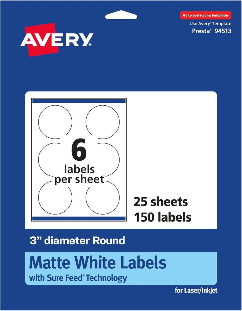 Avery Matte White Round Labels, Sure Feed Technology, 3" Diameter, 150 Matte White Printable Labels