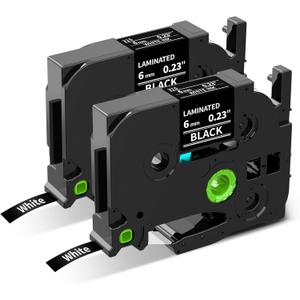 TZe TZ Tape 6mm 0.23" Laminated White on Black Replacement for Brother P Touch TZe-315 TZe315 6mm Label Maker Tape, Compatible with PT-D210 PT-D220 PT-H110 PT-D400 PT-D600, 1/4 in x 26.2 ft, 2-Pack