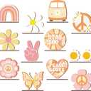 Pinkunn 12 Pcs Groovy Party Decorations Two Groovy Party Favors Bohemian Wooden Centerpieces for Tables Retro Hippie Table Decoration Rainbow Boho Daisy Table Topper for 60s 70s Birthday Ornaments