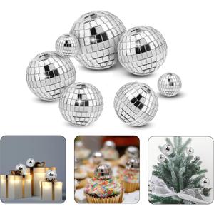 7PCS Disco Cake Topper, Different Sizes, 70s Themed Dance Party Supplies, Small Disco Balls for Cake Dessert Christmas Party Ornament (Silver)
