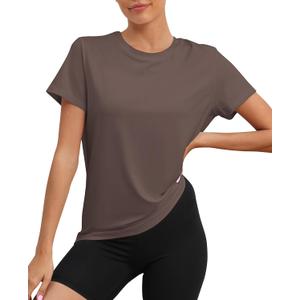 KevaMolly Workout Tops for Women UPF50+ Breathable Loose Fit Yoga T Shirts Short Sleeve Running Gym Athletic Tee Top (Small, Z Dark Brown)