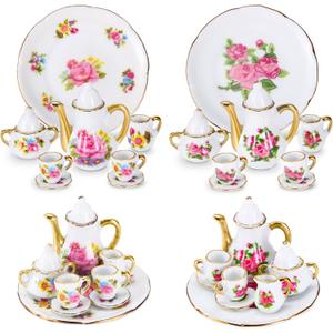 Sieral 2 Set 1:12 Miniature Tea Cup Sets Porcelain Dollhouse Accessories Dollhouse Decoration Mini Flower Pattern Teapot Cup Plates Set for Little Girls Dollhouse Coffee Shop Kitchen Accessories