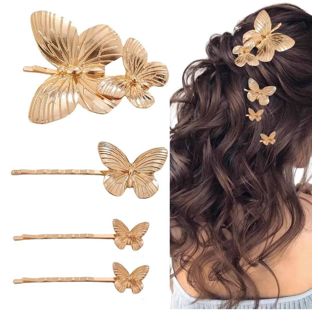 4Pcs Gold Butterfly Hair Clips Metal Alloy Bobby Pins Hair Accessories Butterfly Accessories for Bride Wedding Women Girls Daily Use