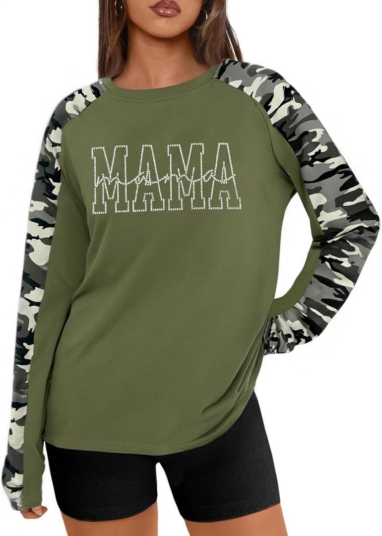 Long Sleeve Mama Shirts for Women Mama Letter Printed T Shirt Auntie Graphic Tees Funny Mom Pullover Top (Green, XXL)