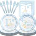 48Pcs Silly Goose 1st Birthday Party Decorations Blue Paper Plates and Napkins Forks Sets Party Supplies for Birthdays Baby Shower Decorations One Silly Goose Birthday Decor Boy (Red)